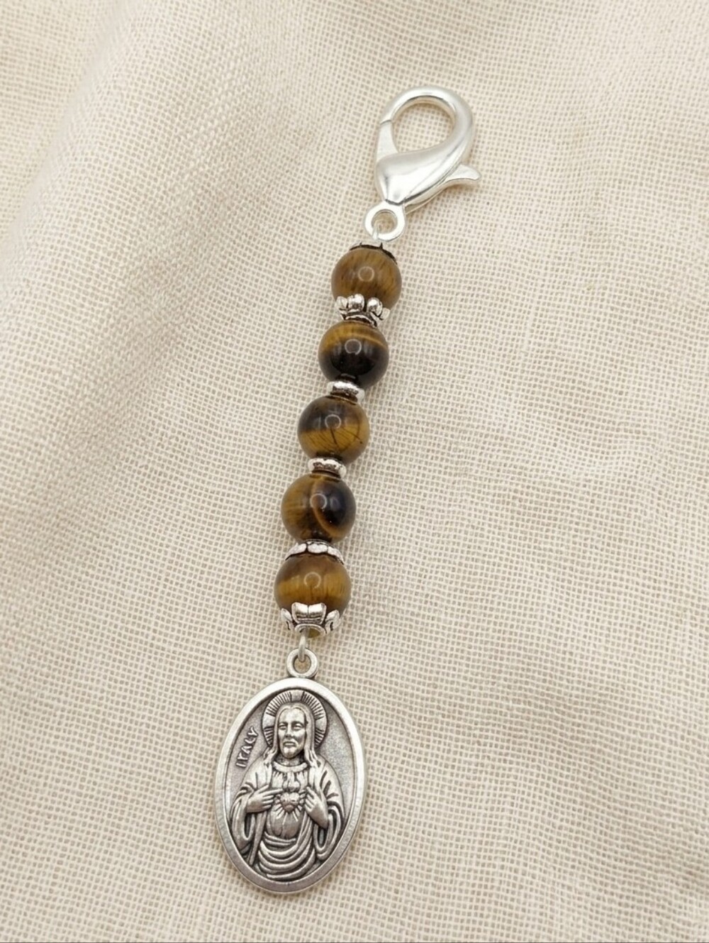 Tiger Eye Keychain W/ Sacred Heart Of Jesus Key Charm